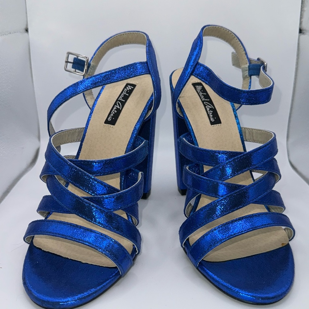 Michael Antonio Blue Metallic Block Heels 6